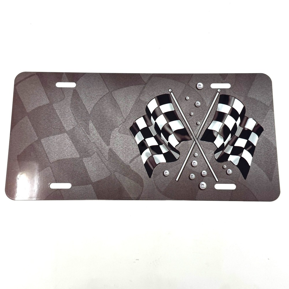 Racing Checkered Flags License Plate Front Auto Tag Grey Metal NASCAR Style Tag